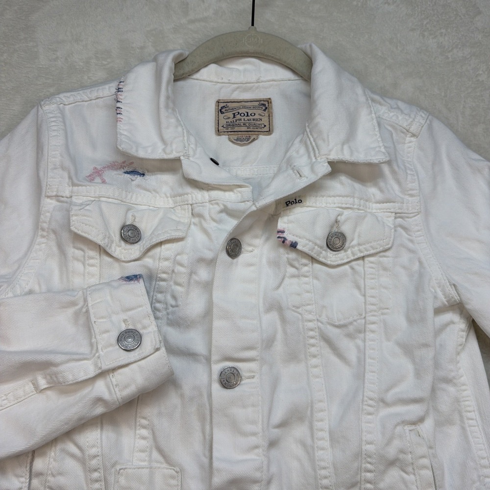 Polo Ralph Lauren White Denim Jacket Trucker Womens XS Patchwork Cropped